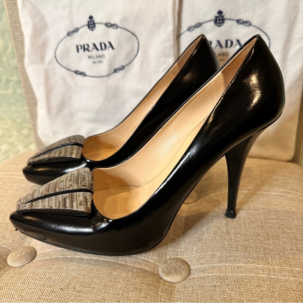 Prada Calzature Donna Vintage 2008 Heels Black Leather Snakeskin 37.5/ 7 US - Picture 12 of 16